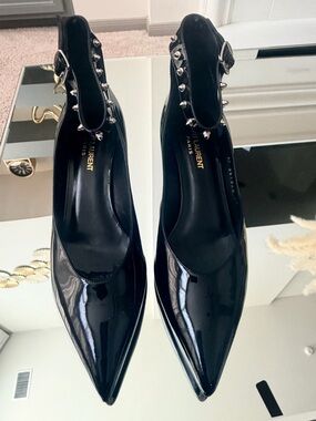 Saint Laurent Black Patent Leather Pointed Slingbacks with Silver Studs